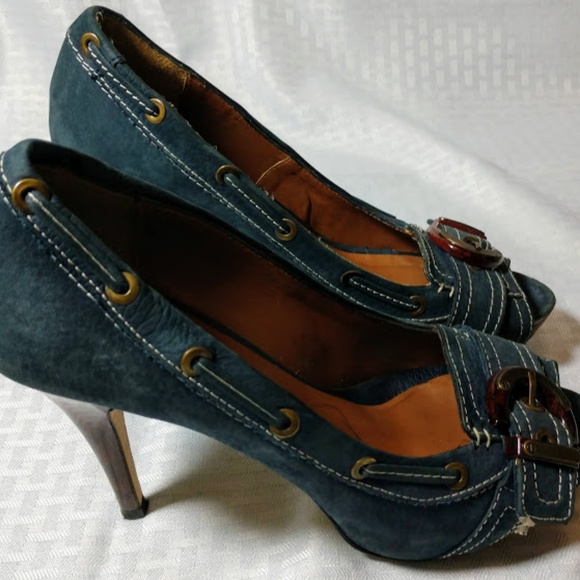 Zara Woman Blue Suede Open Toe Heels - Picture 3 of 8